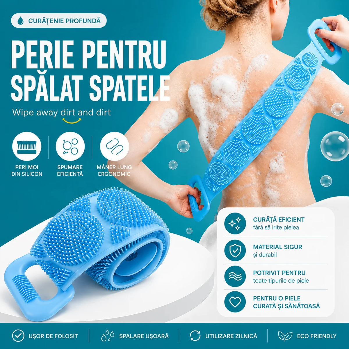 Perie de baie din silicon pentru spate (bandă exfoliantă)