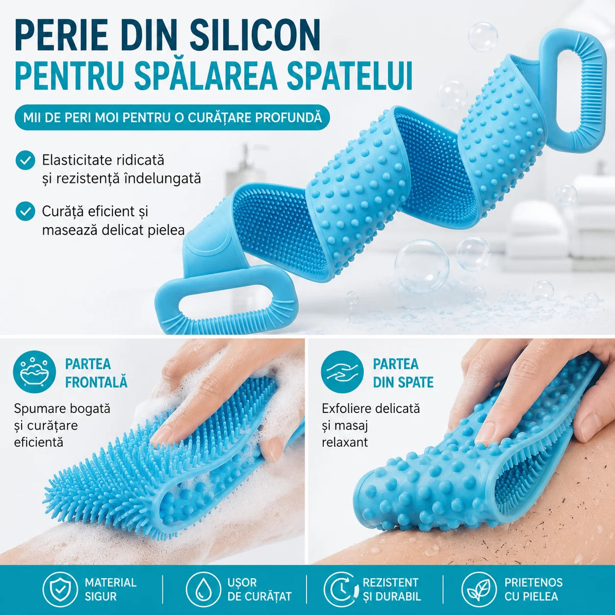 Perie de baie din silicon pentru spate (bandă exfoliantă)
