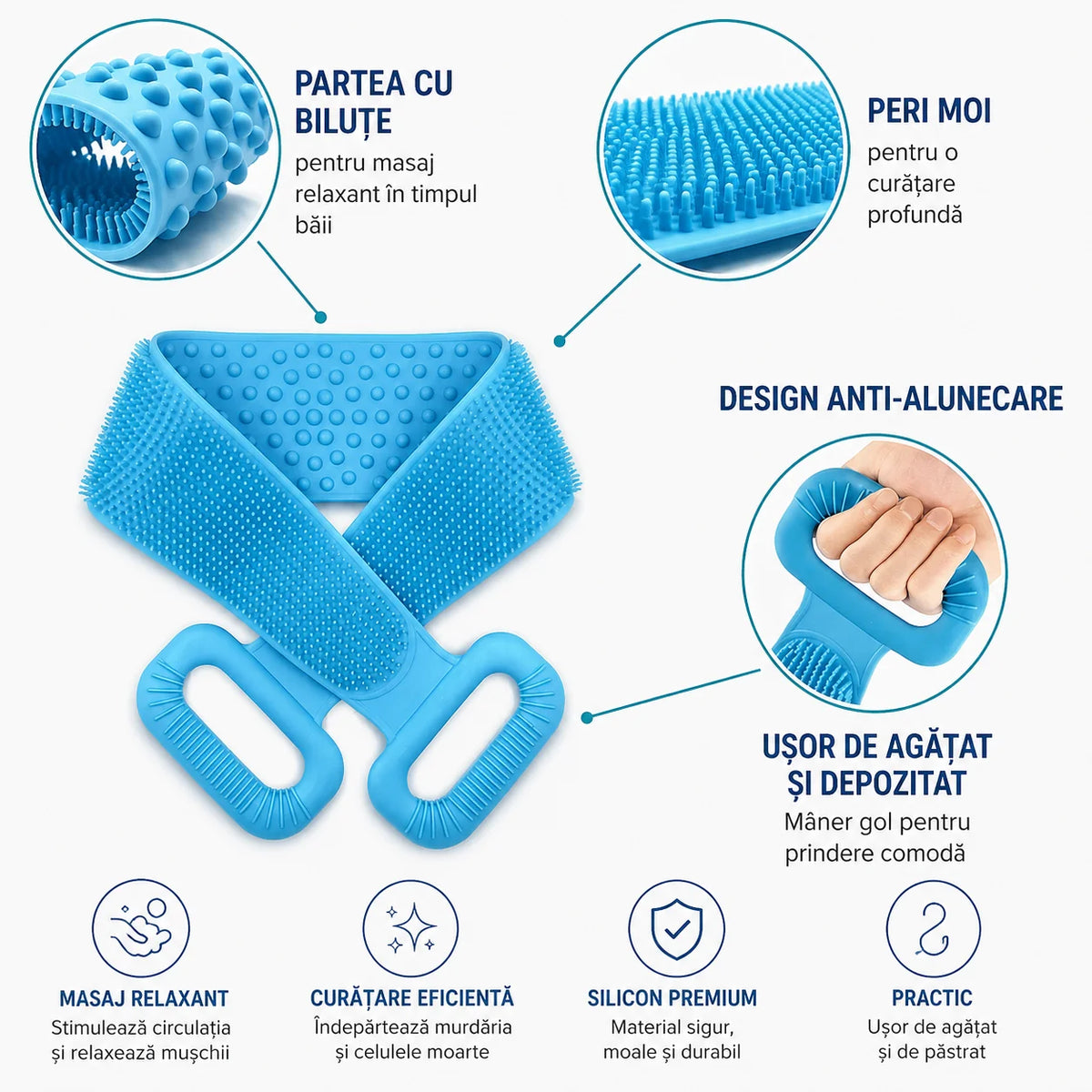 Perie de baie din silicon pentru spate (bandă exfoliantă)